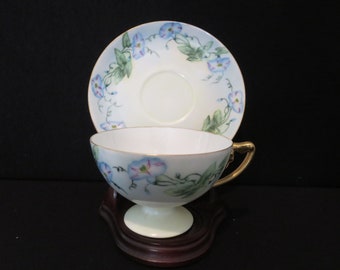 ON SALE! Antique Bavarian China TeaCup and Saucer, Blue and Green Floral Teacup, 1900-1930