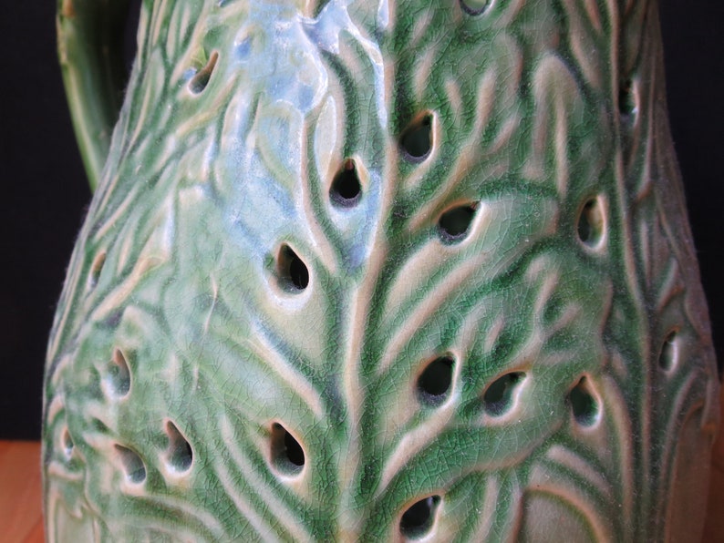 Vintage Majolica Style Glazed Green Pottery, Pottery from Portugal Unmarked, 13 Tall, Large Jug Vase Pitcher image 7