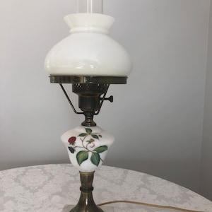 Vintage Hand Painted Electric Hurricane Lamp, Painted Raspberries on Body, Tall Chimney