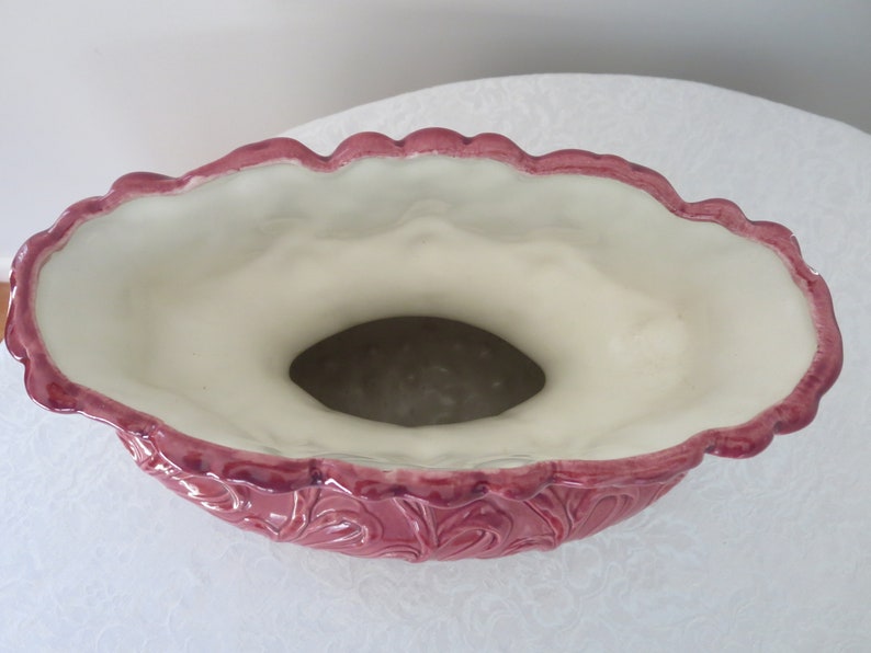 Pottery Vase Embossed with Long Stem Iris Flowers Vintage Deep Rose Ceramic Oval Flower Vase