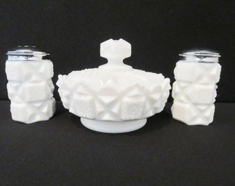 Westmoreland Old Quilt Milk Glass Salt and Pepper Shaker and Covered Round Puff Bowl with Lid