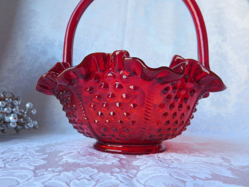 Fenton Ruby Red Art Glass Basket 9 Tall Researched to be Etsy