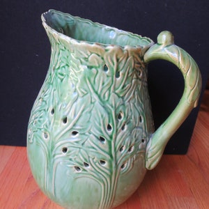 Vintage Majolica Style Glazed Green Pottery, Pottery from Portugal Unmarked, 13 Tall, Large Jug Vase Pitcher image 10