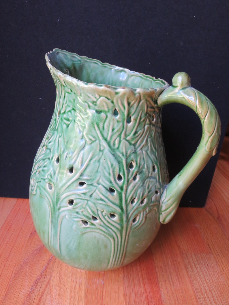 Vintage Majolica Style Glazed Green Pottery, Pottery from Portugal Unmarked, 13 Tall, Large Jug Vase Pitcher image 10