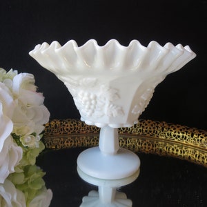 Westmoreland Paneled Grape Milk Glass Pedestal Dish, Ruffled Edge, Crimped Comport Bowl, 1940-1984, PG97, Excellent