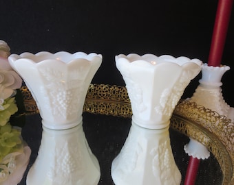 Westmoreland Paneled Grape Milk Glass Planters, Set of Two (2), Flat Flower Pot Vase, PG137, Excellent