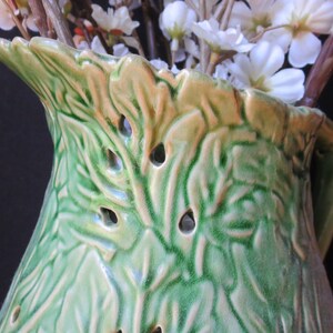 Vintage Majolica Style Glazed Green Pottery, Pottery from Portugal Unmarked, 13 Tall, Large Jug Vase Pitcher image 3