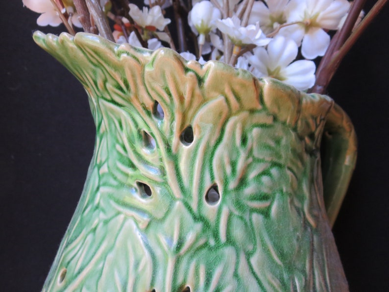 Vintage Majolica Style Glazed Green Pottery, Pottery from Portugal Unmarked, 13 Tall, Large Jug Vase Pitcher image 3