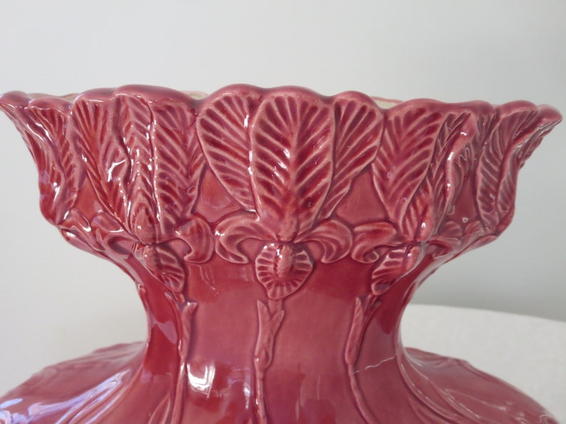 Pottery Vase Embossed with Long Stem Iris Flowers Vintage Deep Rose Ceramic Oval Flower Vase