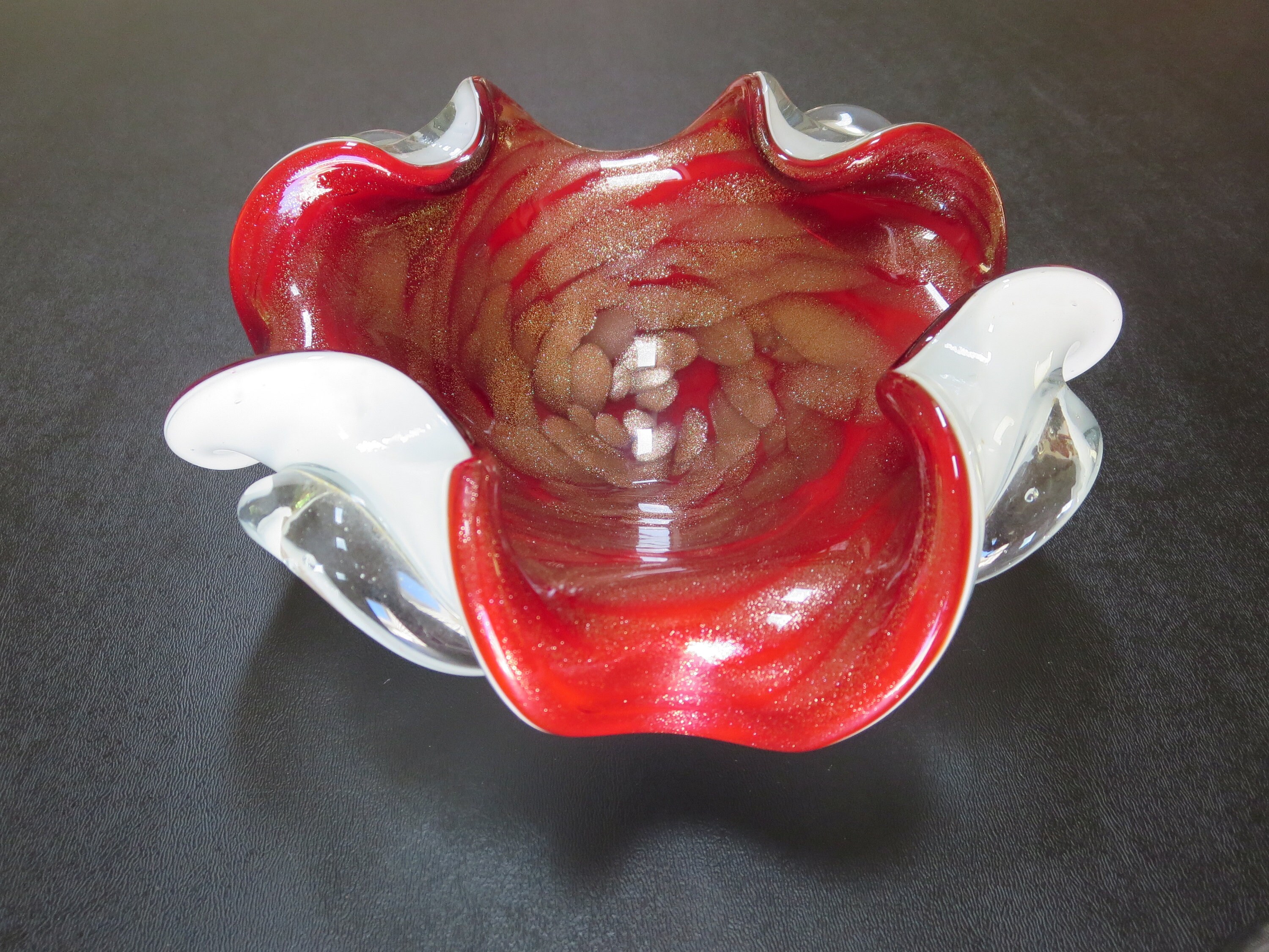 Vintage Hand Blown Red and White Murano Flower Bowl with Gold Flecks Aventurine, Holiday Candy Dish, Mid Century Art Glass, Murano, Italy