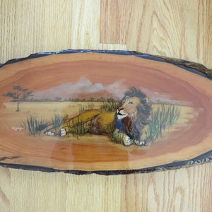 ON SALE! Retro Wall Art on Slice of Wood, Signed Lion Painting, Live Edge Wall Art, 1970&#39;s Man Cave Artwork, Wildlife Art, 28 x 9&quot;