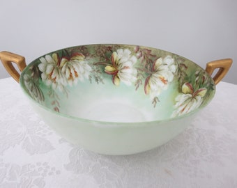 Antique hand Painted Deep Barvarian China Bowl, Double Handled Fine China Light Green and Gold China Bowl
