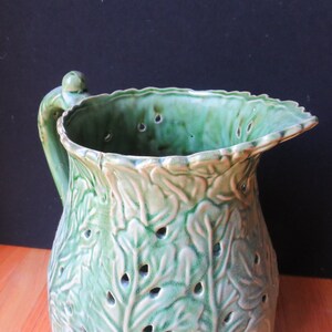 Vintage Majolica Style Glazed Green Pottery, Pottery from Portugal Unmarked, 13 Tall, Large Jug Vase Pitcher image 6