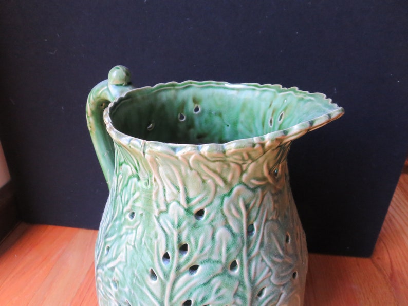 Vintage Majolica Style Glazed Green Pottery, Pottery from Portugal Unmarked, 13 Tall, Large Jug Vase Pitcher image 6