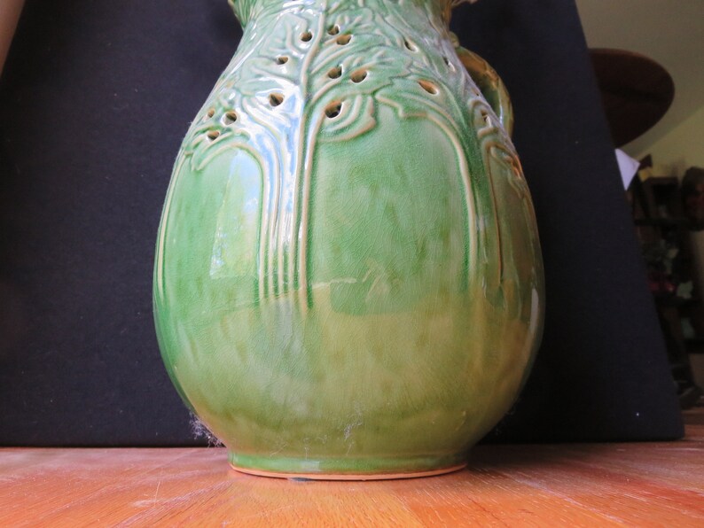 Vintage Majolica Style Glazed Green Pottery, Pottery from Portugal Unmarked, 13 Tall, Large Jug Vase Pitcher image 4