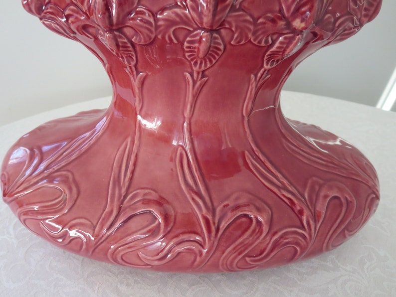 Pottery Vase Embossed with Long Stem Iris Flowers Vintage Deep Rose Ceramic Oval Flower Vase