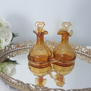 ON SALE! Vintage Cambridge Glass Amber Cruet Bottle Set, Light Amber Glass Perfume Set, Two Bottles with Stoppers and Underplate Tray