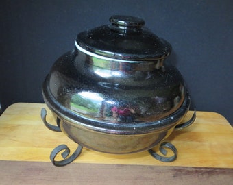Black Stoneware Crock Bean Pot with Lid and with Wrought Iron Stand, Round Baker, Great Condition, Glossy Black Glaze, Farmhouse