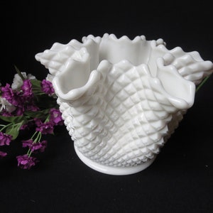 Westmoreland Milk Glass Handkerchief Vase, English Hobnail Bowl (Round Base), Cottage, Farmhouse, Wedding, Crimped Rose Bowl Vase