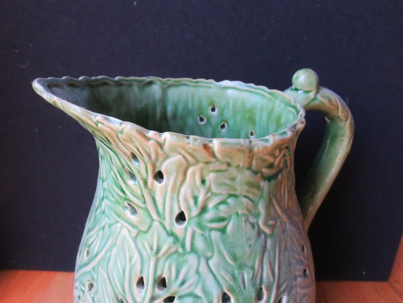 Vintage Majolica Style Glazed Green Pottery, Pottery from Portugal Unmarked, 13 Tall, Large Jug Vase Pitcher image 5