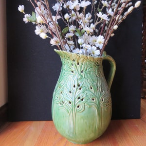 Vintage Majolica Style Glazed Green Pottery, Pottery from Portugal Unmarked, 13 Tall, Large Jug Vase Pitcher image 1