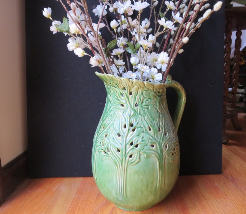 Vintage Majolica Style Glazed Green Pottery, Pottery from Portugal Unmarked, 13 Tall, Large Jug Vase Pitcher image 1