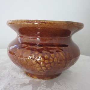 May include: A brown ceramic planter with a grape design. The planter has a wide mouth and a rounded body.