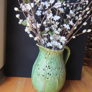 Vintage Majolica Style Glazed Green Pottery, Pottery from Portugal Unmarked, 13 Tall, Large Jug Vase Pitcher image 2