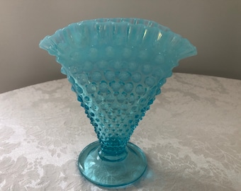 Fenton Aqua Blue Opalescent Hobnail Fan Vase #3956, 6" x 6", 1939-1955, Excellent