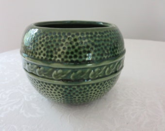 American Bisque Green Round Planter, Dimpled Dark Green Ball Planter, USA Pottery