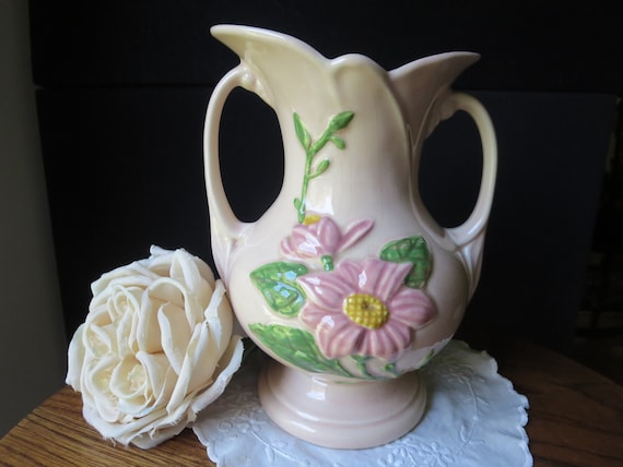 ON SALE! Vintage Hull H-9-8 1/2, Large Hull Magnolia Vase Glossy, Pink Flowers, 1947-1948, USA Art Pottery