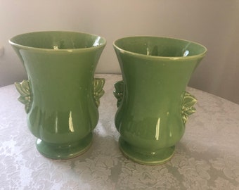 Set of Two (2) McCoy Chartreuse Green Vases, No 282 8 x 6", 1940s 1950s