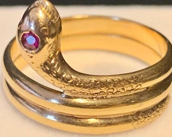 Antique Victorian Yellow Gold and Ruby Snake Ring