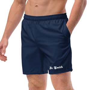 Personalized Navy Trunks - Navy Blue Mens Swim Trunks With Custom Text Or Name - Custom Trunks - Beach Wedding - Dark Blue Swimming Shorts