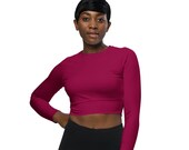 BURGUNDY CROP TOP - Recycled Long Sleeve Crop Top - Dark Red Gym Long Sleeve Crop Top - Workout Top - Swimming Top - Athleisure Crop Top