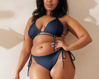 Navy String Bikini - Navy Blue Recycled String Bikini - Tie Bikini - Triangle Bikini - Plus Size String Bikini Set - Simple Bikini
