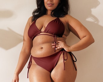 Cherry Red Bikini - Cherry Red String Bikini Set With Matchy Lining - Plus Size Tie Bikini - Triangle Bikini - Dark Red Flattering Bikini