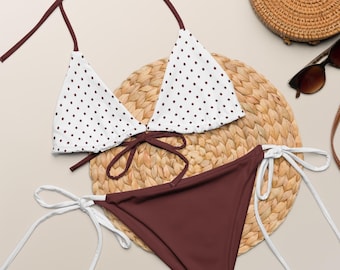 Polka Dot String Bikini: Auburn & White, Adjustable, UPF 50+, Unique Design