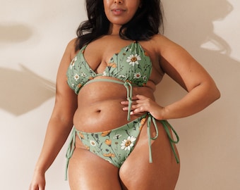 Sage Boho Bikini - Sage Green String Bikini With Meadow Flowers And Sage Lining - Sage Floral Bikini - Bohemian String Bikini in Green