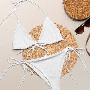 White Recycled String Bikini: Tie Side, UPF 50+, Plus Size