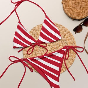 Candy Cane Bikini - Christmas Pattern String Bikini Set - Red Bikini With White Stripes - Plus Size Christmas Bikini - Christmas Swimwear