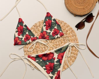 BIKINI FLOREALE ROSSO - Bikini da festa hawaiano - Addio al nubilato hawaiano - Set bikini con stringhe di ibisco rosso - Bikini tropicale vintage - Esotico retrò