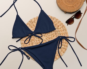 NAVY STRING BIKINI - Navy Blue Recycled String Bikini - Tie Bikini - Triangle Bikini - Plus Size String Bikini Set - Lined Bikini - Lined