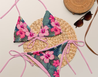 PINK TROPICAL BIKINI - Pink Triangle Bikini Set With Pink Hibiscuses - Hibiscus String Bikini - Pink Floral Bikini - Cute Plus Size Bikini