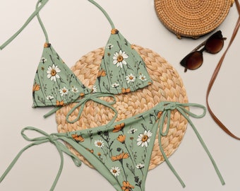 SAGE BOHO BIKINI - Sage Green String Bikini With Meadow Flowers And Sage Lining - Sage Floral Bikini - Bohemian String Bikini in Green