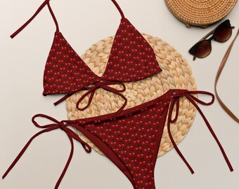 CHERRY PATTERN BIKINI - Cherry Red Triangle Bikini Set With Cherry Pattern - Cherries String Bikini - Red Plus Size Bikini Set - Cherry Swim