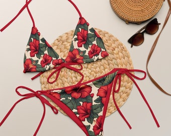 BIKINI ROSSO TROPICALE - Set bikini hawaiano - Set bikini a triangolo ibisco con fodera rossa - Bikini con stringhe floreali rosse - Set bikini retrò
