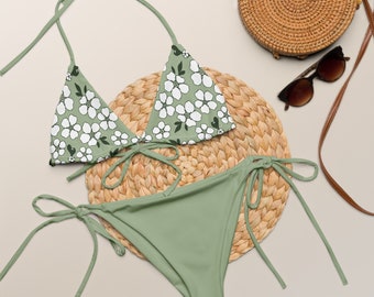 SAGE GREEN FLORAL Bikini - Green Bikini With White Flowers - Floral String Bikini - Pastel Bikini - Romantic Bikini - Plus Size Bikini Set