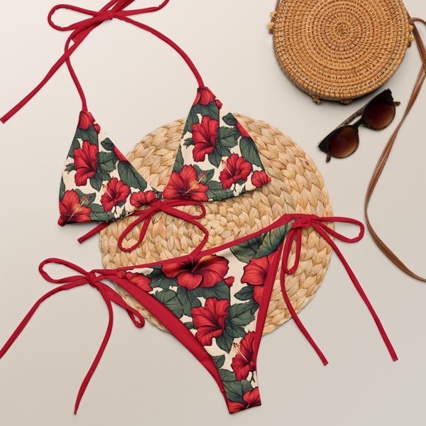 RED TROPICAL BIKINI - Hawaiian Bikini Set - Hibiscus Triangle Bikini Set With Red Lining - Red Floral String Bikini - Retro Bikini Set