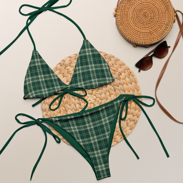 GREEN PLAID BIKINI - Racing British Green And Sage Green Tartan Pattern String Bikini - Plus Size Bikini - Checkered Bikini - Triangle